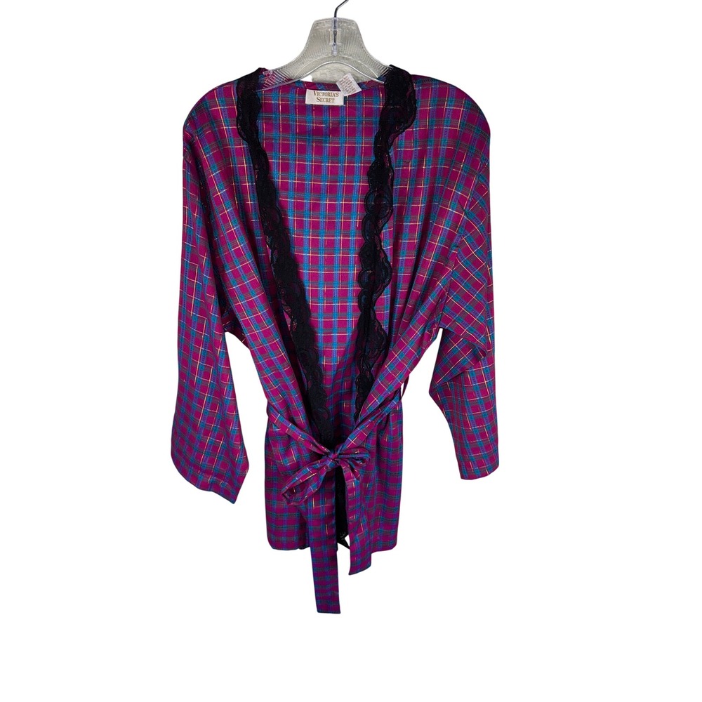 Vintage Victorias Secret Plaid 3pc Set Robe Camisole Tap Shorts Pink Teal Gold P